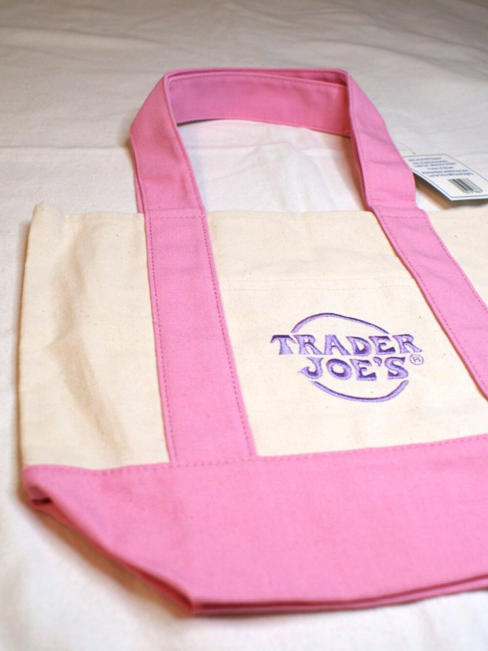 Trader Joe's Mini Pastel Canvas Tote Bag Pretty Pink Straps with Purple Logo